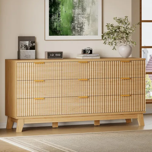 Vista 31 de BORNOON Cómoda acanalada de 3 cajones, 30.3 pulgadas de alto, cómoda bohemia compacta y moderna, armario de almacenamiento de madera