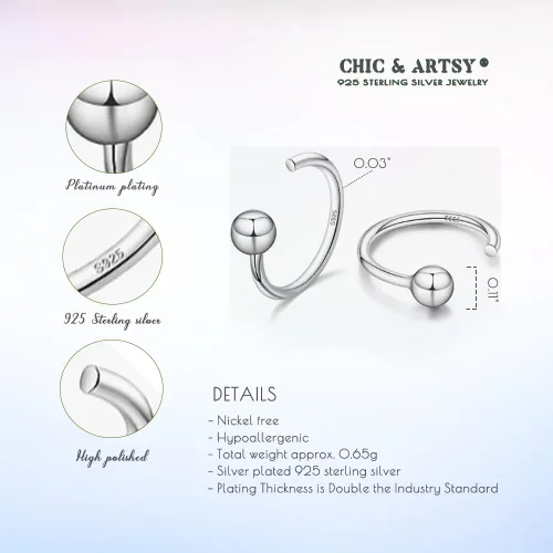 Vista 5 de CHIC & ARTSY Aretes de aro de plata de ley 925, pequeños aretes de aro de bola, barra, estrella, luna, corazón, cruz, punto, triángulo, medio aro