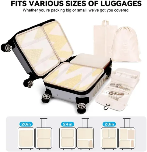 Vista 3 de MURISE Cubos de equipaje para viajes, 8 bolsas organizadoras de maleta para artículos esenciales de viaje, juego organizador de equipaje duradero