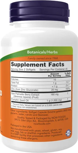 Vista 2 de NOW Suplementos Extracto de Saw Palmetto con Aceite de Semilla de Calabaza y Zinc, Salud de los Hombres*, 90 Cápsulas Blandas