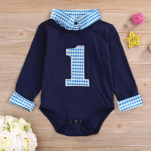 Vista 2 de Mameluco de manga larga para bebé niño, para primer cumpleaños, a cuadros, cuello alto