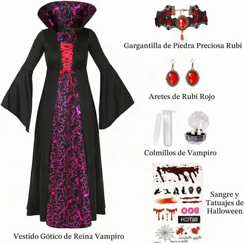 Vista 3 de Disfraz de vampiro para mujer, disfraz real de Halloween para adultos, con dientes de vampiro, colmillos y aretes