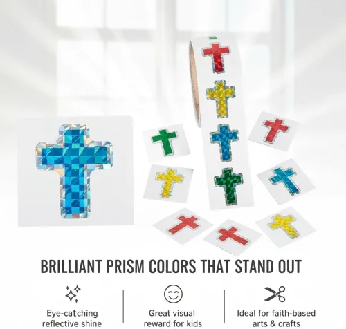 Vista 2 de Pegatinas de cruz de prisma – Rollo de 100 calcomanías – Iglesia, escuela dominical, VBS 2026 y suministros religiosos papelería
