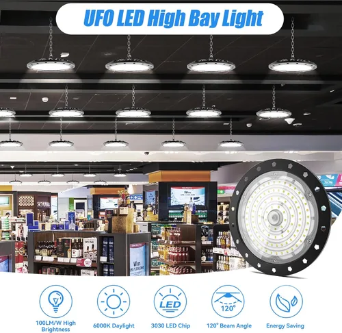 Vista 2 de loyal Luces LED de alta bahía: iluminación comercial regulable UFO 6000K - para almacén, garaje, taller, gimnasio, con cable de enchufe de EE. UU