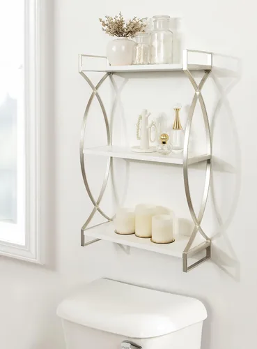 Vista 2 de Kate and Laurel Arietta Modern Glam - Estantería de madera y metal de 3 niveles, 18 x 7 x 28 pulgadas, blanco y plateado; almacenamiento