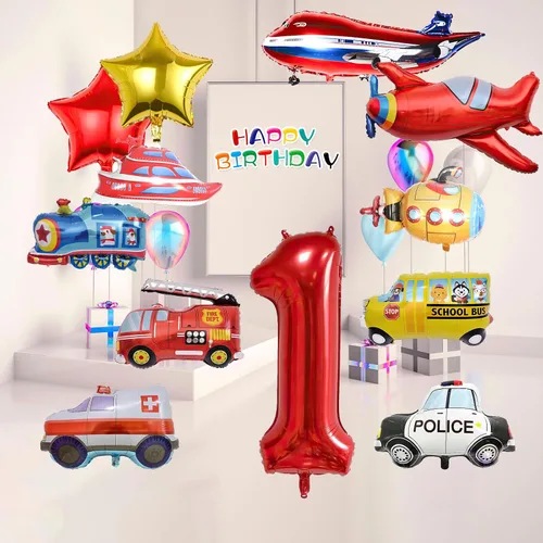 Vista 6 de 12 piezas de globos de aluminio con números de cumpleaños en forma de camión de transporte, avión, autobús escolar, camión de bomberos, coche