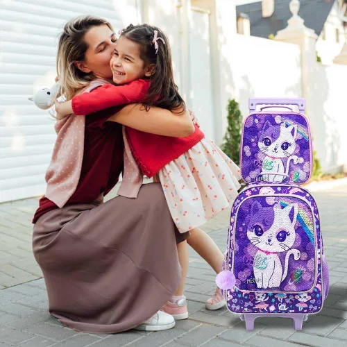 Vista 8 de Mochila con ruedas de 3 piezas para niñas y niños, bolsa de libros con ruedas de dinosaurio de unicornio
