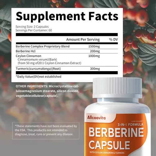 Vista 2 de Allcoovita Suplemento de berberina – Berberina 1500 mg por porción, 120 cápsulas – Berberina HCI – Berberina Plus – Plus Pure True Ceilán canela