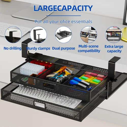 Vista 5 de Organizador de cajones para debajo del escritorio, de metal, sin taladro, contenedor de almacenamiento para debajo del escritorio, 2 cajones