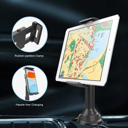 Vista 6 de APPS2Car Soporte para Tablet para Coche, Soporte para Tablet para Portavasos para Camión, Altura Ajustable Compatible con iPad Pro Air Mini