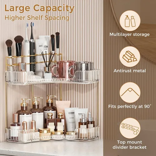 Vista 5 de BEFSOP Organizador de esquina para mostrador de baño, organizador de maquillaje mejorado de 2 niveles con soporte para brochas de maquillaje