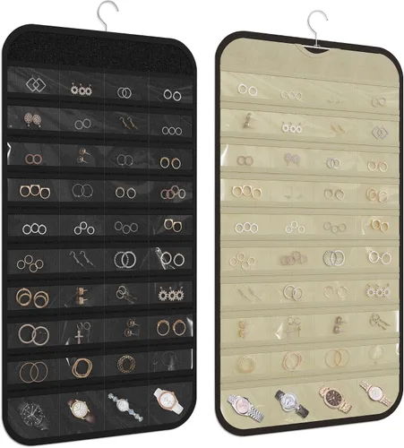 Vista 11 de Organizador colgante de joyas con 80 bolsillos de almacenamiento de doble cara, 1 paquete, color beige