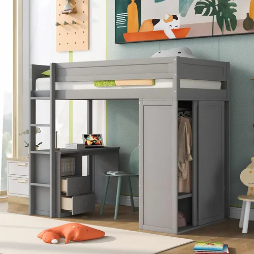 Vista 10 de DEINPPA Cama tipo loft de tamaño individual con escritorio integrado y 5 cajones de almacenamiento, cama alta de madera con escaleras de Gris