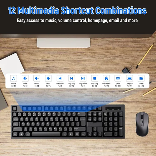 Vista 5 de Combo de teclado y mouse inalámbricos, diseño QWERTY de tamaño completo, teclado estéreo de 2.4 G, diseñado ergonómicamente para laptop, PC