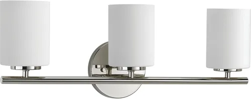 Vista 52 de Progress Lighting Lámpara moderna de tocador de baño de cristal blanco grabado con 4 luces, colección Replay, níquel cepillado (P2160-09)