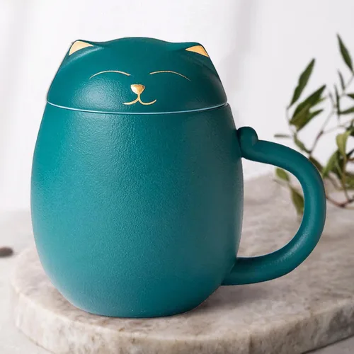 Vista 7 de Liywall - Taza de té de cerámica con infusor y tapa, colador de taza de té de porcelana hecho a mano con diseño de gato con estuche de Verde