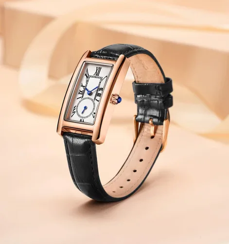 Vista 7 de Reloj de cuarzo para mujer Carlien, elegante reloj de vestir rectangular con correa de cuero y corona de cristal azul Rosa Negro