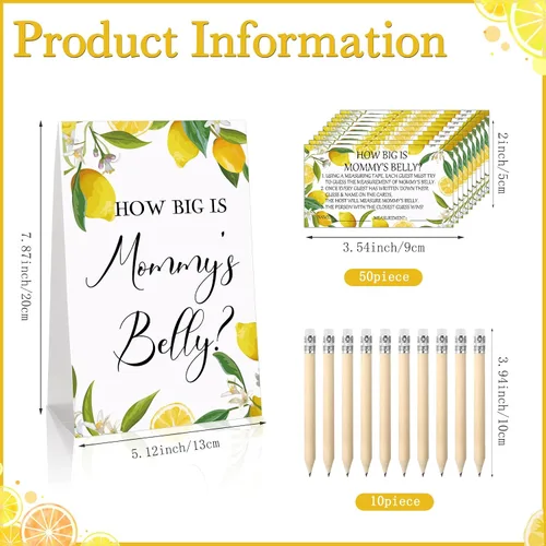 Vista 101 de Sabary 64 Piezas Juegos de Baby Shower Incluyen Letrero How Big is Mommy's Belly Sign Measure Bump Game 50 Tarjetas 10 Lápices 3 Cintas Métricas