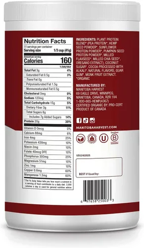 Vista 2 de Manitoba Harvest Proteína en polvo de supersemilla de chocolate orgánico, 15.9 oz
