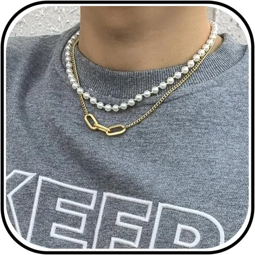 Vista 7 de Gargantilla de perlas para hombre, juego de collar de cadena dorada en capas, joyería de perlas de moda, regalos de cumpleaños, rellenos de A1