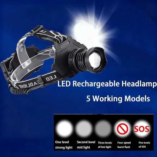 Vista 2 de Linterna frontal recargable LED ultra brillante – 12 horas de tiempo de funcionamiento, batería de 7500 mAh, 5 modos de luz, 90° ajustable