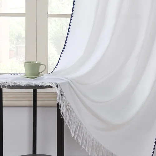 Vista 7 de Arlene - Cortina bohemia con borde bordado cosido azul para ventana, par de paneles de borlas blancas, cada uno de 42 pulgadas de ancho x 84