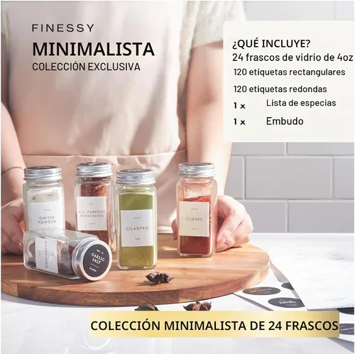 Vista 3 de FINESSY Tarros de especias de vidrio grueso con tapas herméticas y Paquete de 24 Estilo Minimalista