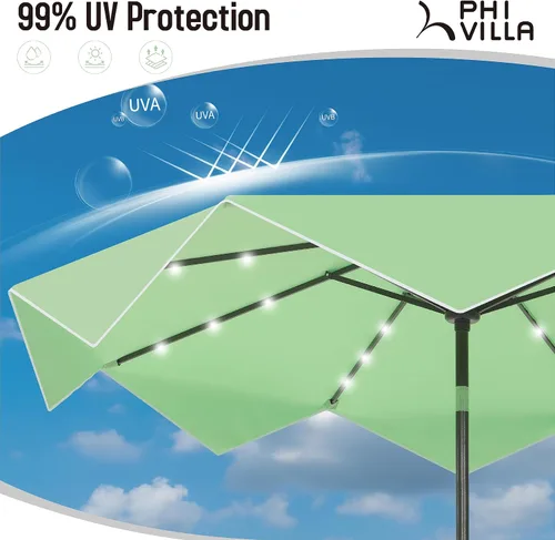 Vista 4 de PHI VILLA - Sombrillas de patio de 9 pies con 24 luces LED solares, sombrilla iluminada para mesa de mercado al aire libre con 8 varillas de acero
