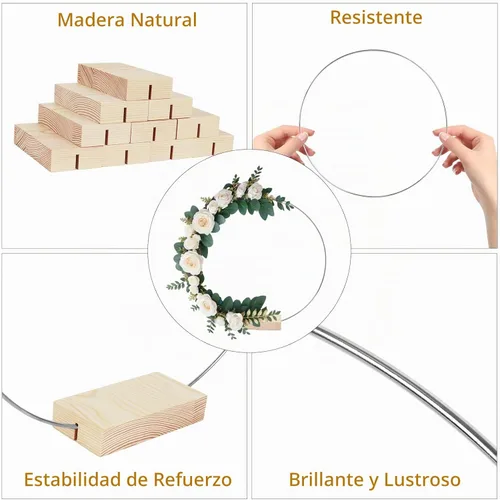 Vista 3 de OurWarm 12 centros de mesa de aro floral de 12 pulgadas con soporte para mesa, piezas centrales de metal con base de madera, centros de mesa