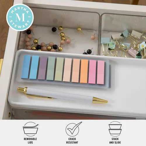 Vista 3 de Martha Stewart Grady - Cajas de almacenamiento apilables de plástico transparente con tapas de plástico blanco, juego de 3 Tapa de plástico