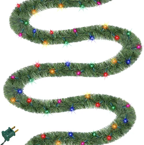 Vista 10 de Biswing Guirnalda verde de Navidad preiluminada de 15 pies, guirnaldas de pino artificial iluminadas con 35 luces multicolor, conectables e