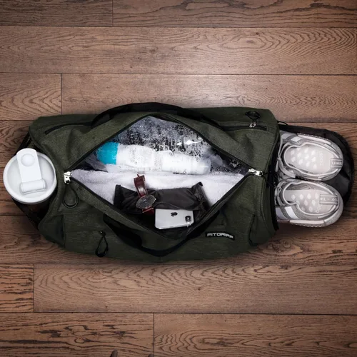 Vista 4 de Fitgriff Bolsa de gimnasio para hombres y mujeres con compartimento para zapatos y artículos húmedos, bolsa de lona para viajes, deportes, fitness