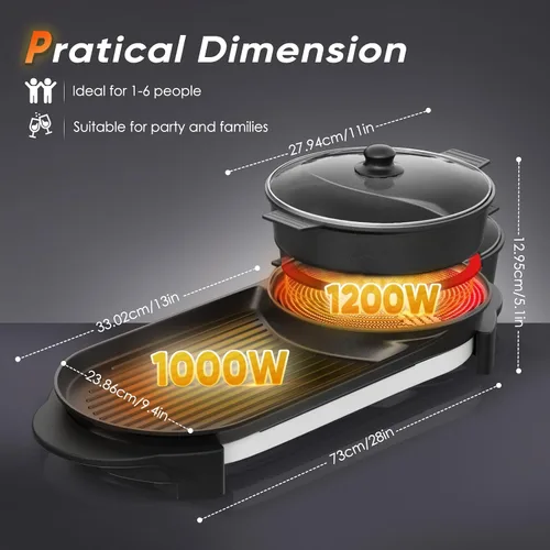 Vista 7 de Olla caliente eléctrica 2 en 1 sin humo con parrilla, olla caliente extraíble de 2200W, combo de barbacoa coreana y Shabu para interior, sartén