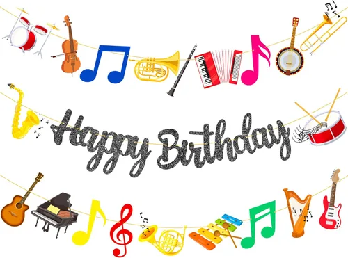 Vista 2 de Cartel de fiesta de cumpleaños con purpurina negra para instrumentos musicales, guirnalda de instrumentos musicales para tema de músico, suministros