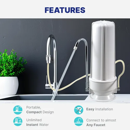 Vista 3 de NU Aqua Sistema de filtro de agua para encimera - 1 etapa con grifo cromado - Purificador de agua potable sobre la encimera y dispensador