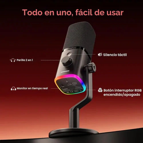 Vista 7 de MAONO - Micrófono dinámico USB inalámbrico PD100W, micrófono de PC para juegos con reducción de ruido de un solo clic, botón de silencio, RGB