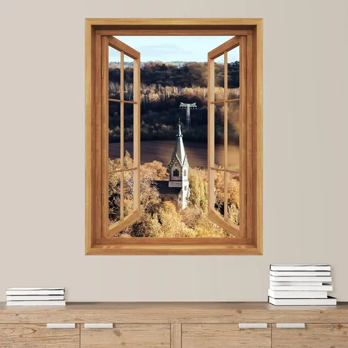 Vista 29 de SIGNWIN Adhesivo mural removible para pared, atardecer cielo naranja, otoño, bosque, árbol, paisaje, naturaleza, arte fino, rústico, paisaje