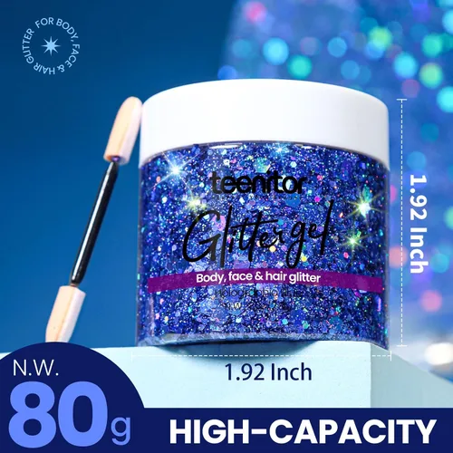 Vista 2 de Teenitor Purpurina Azul para el Cuerpo, Purpurina para la Cara, Gel de Purpurina para el Cuerpo, Gel de Purpurina para el Cabello, 80 g/2.8 oz