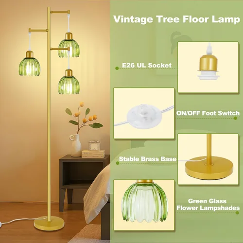 Vista 3 de Lámpara de pie de árbol con 3 bombillas, lámpara de pie vintage de 3 cabezales, lámparas vintage doradas altas con interruptor de pie de base