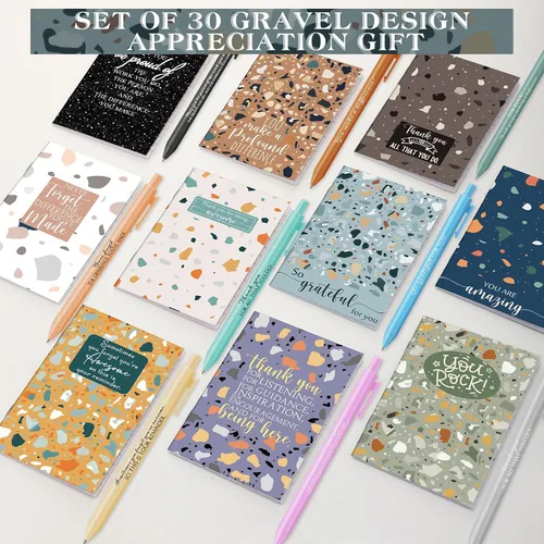 Vista 4 de PerKoop 30 juegos de cuadernos de bolsillo con bolígrafos motivacionales a granel, bloc de notas inspirador marmoleado con bolígrafos coloridos