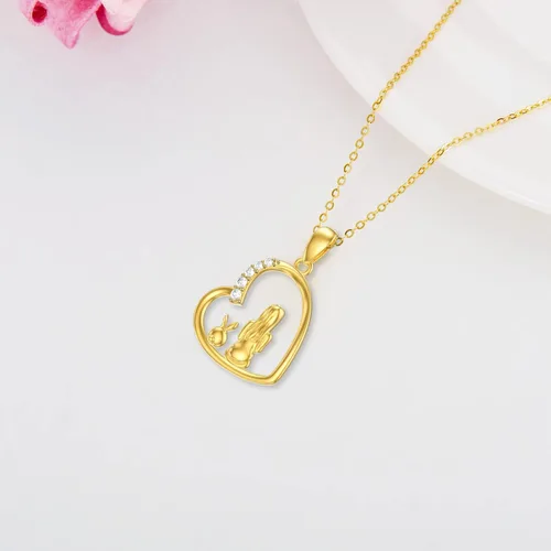 Vista 4 de Collar de conejo y niña de oro de 14 quilates para niña, collares con colgante de corazón de conejo de oro amarillo real para adolescentes, collar