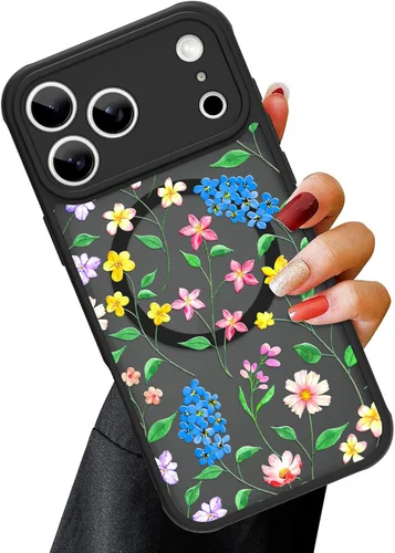Vista 29 de OOK Funda magnética para iPhone 13 Pro Max [compatible con MagSafe] Funda delgada translúcida mate con flor silvestre negra, protección para lente