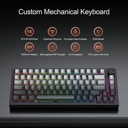 Vista 2 de Gurjot Teclado mecánico inalámbrico, teclado para juegos con junta en un diseño del 75%, Bluetooth2.4GHzUSB-C, intercambiable en caliente, perilla