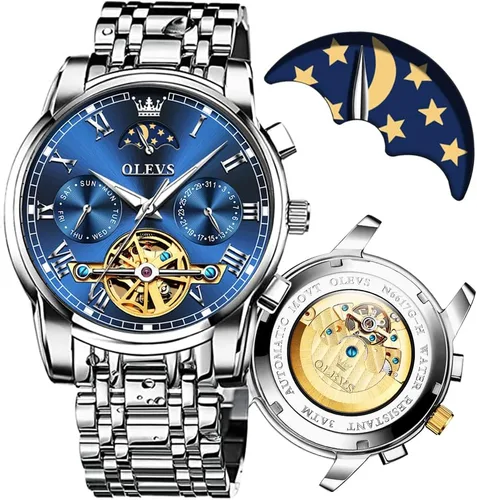 Vista 9 de OLEVS Relojes de cuerda automática para hombre, reloj de pulsera mecánico con diseño de esqueleto Tourbillon, relojes automáticos de acero