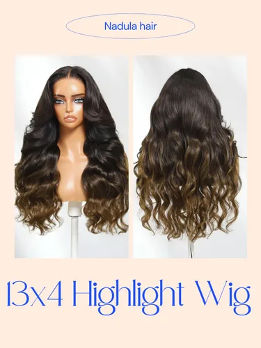 Vista 8 de Nadula Peluca Precortada 13x4 HD Ondas Sueltas Castaño Ombré Marrón con Cordón Cabello Humano con Flequillo Face Framing, Peluca Frontal de Encaje