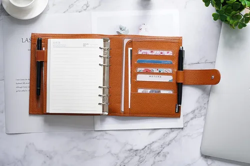 Vista 4 de Moterm Planificador de anillos de lujo para todo el personal – Organizador de carpeta de cuero genuino (naranja quemado, anillo de 1.181 in)