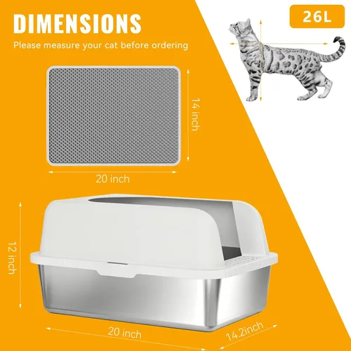 Vista 3 de Caja de arena para gatos de acero inoxidable con tapa, 20 pulgadas de largo x 14.2 pulgadas de ancho x 12 pulgadas de alto, caja de arena cerrada