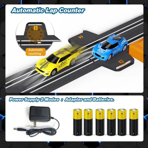 Vista 6 de Juegos de pista de carreras de coches de ranura para niños, batería o pista de carreras eléctrica con 4 coches de ranura de alta velocidad y 2