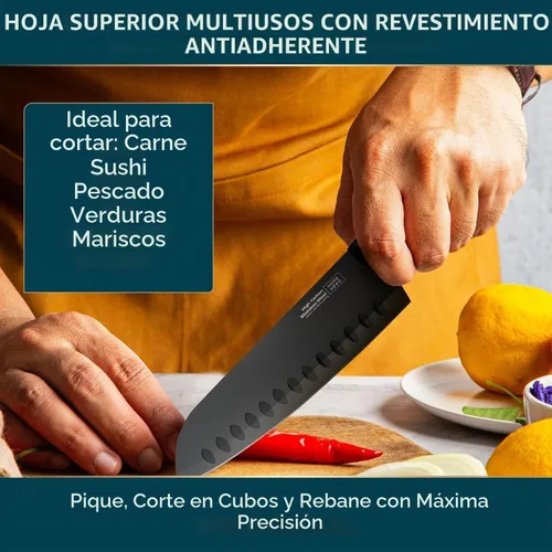 Vista 3 de Home Hero Santoku Cuchillo con funda - Cuchillo de acero inoxidable de alto carbono Negro