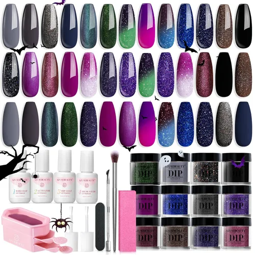 Vista 10 de AZUREBEAUTY Kit de Iniciación de Polvo de Inmersión para Uñas de 31 Piezas, 20 Colores Transparente Nude Rosa Marrón Brillantina Todas las Auburn